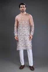 Beige Cotton Printed Kurta Pajama